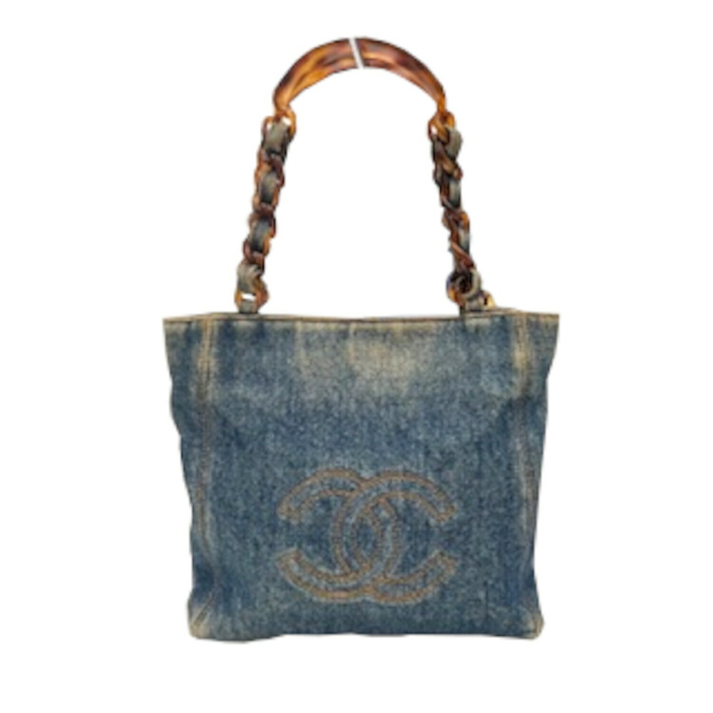 CHANEL denim tote bag tortoiseshell chain Coco mark blue